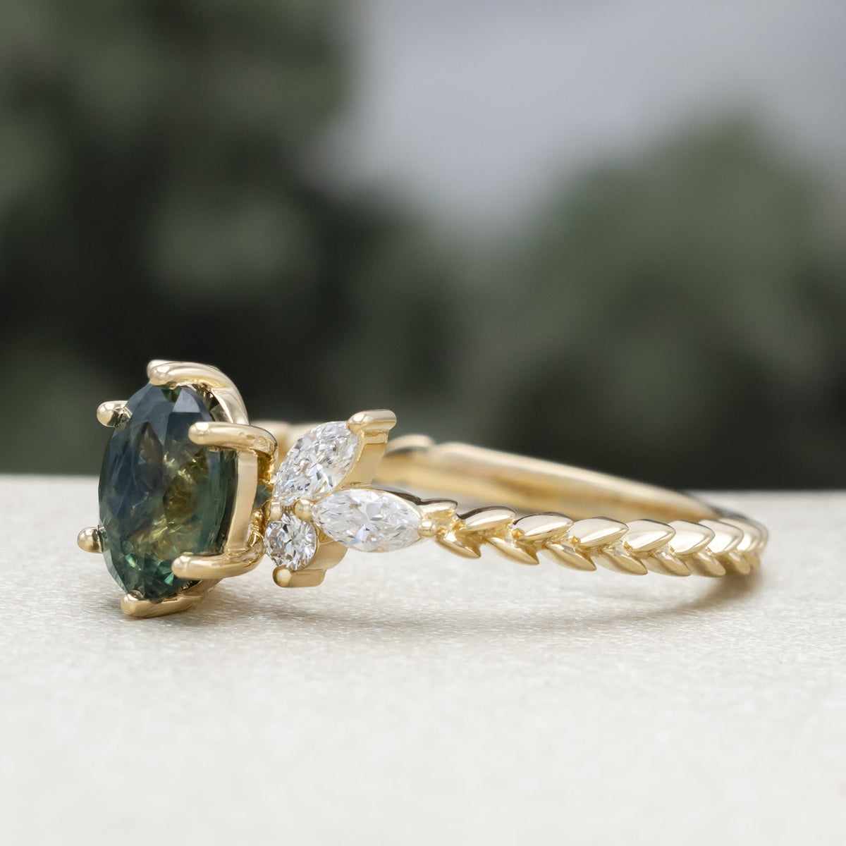 "Laurel" - Bridal Suite - Oval Cut Montana Sapphire Wedding Ring Set With Lab-Grown Diamond Accents & Tracer