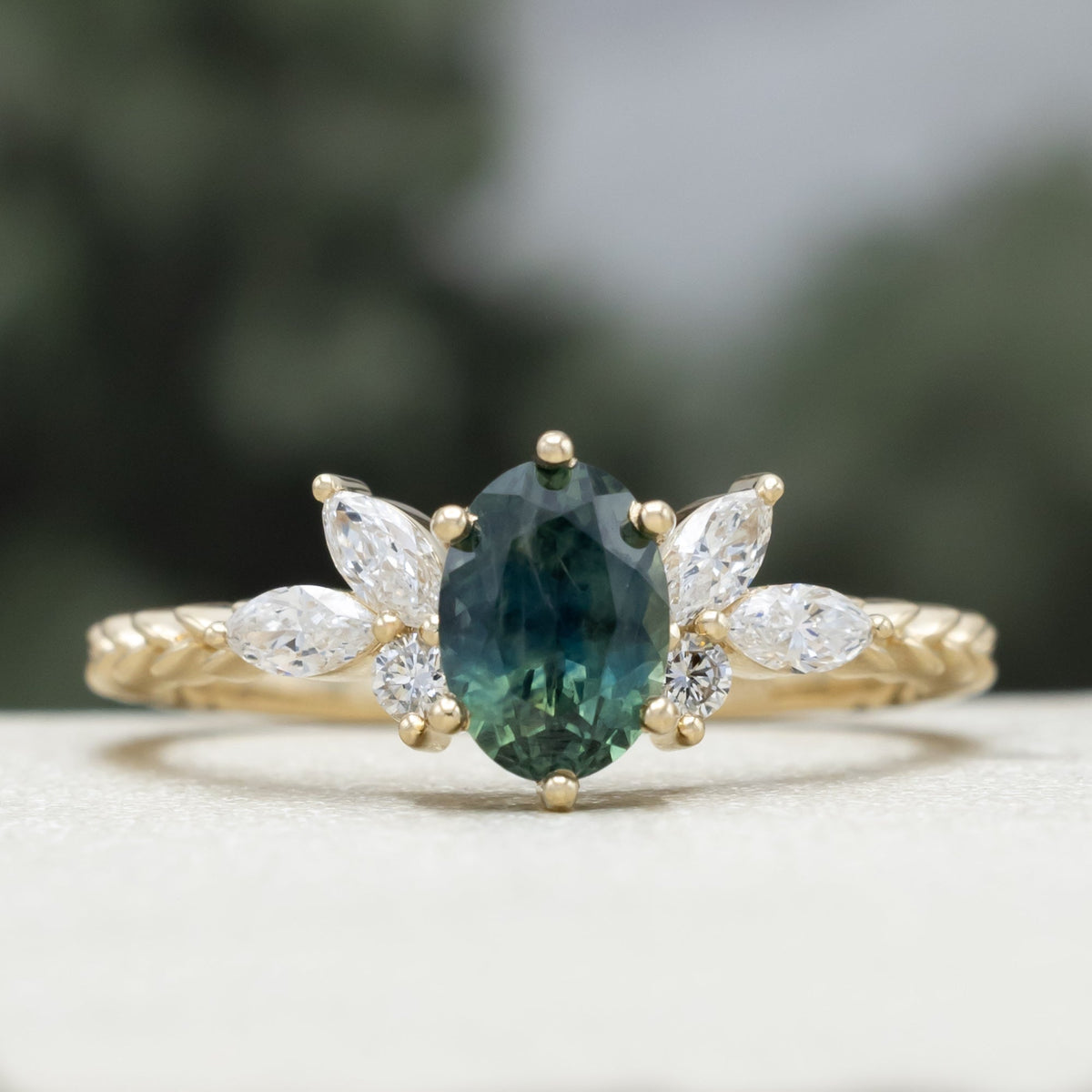 "Laurel" - Bridal Suite - Oval Cut Montana Sapphire Wedding Ring Set With Lab-Grown Diamond Accents & Tracer
