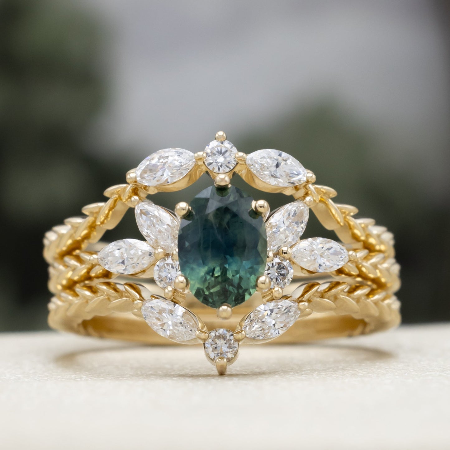 "Laurel" - Bridal Suite - Oval Cut Montana Sapphire Wedding Ring Set With Lab-Grown Diamond Accents & Tracer