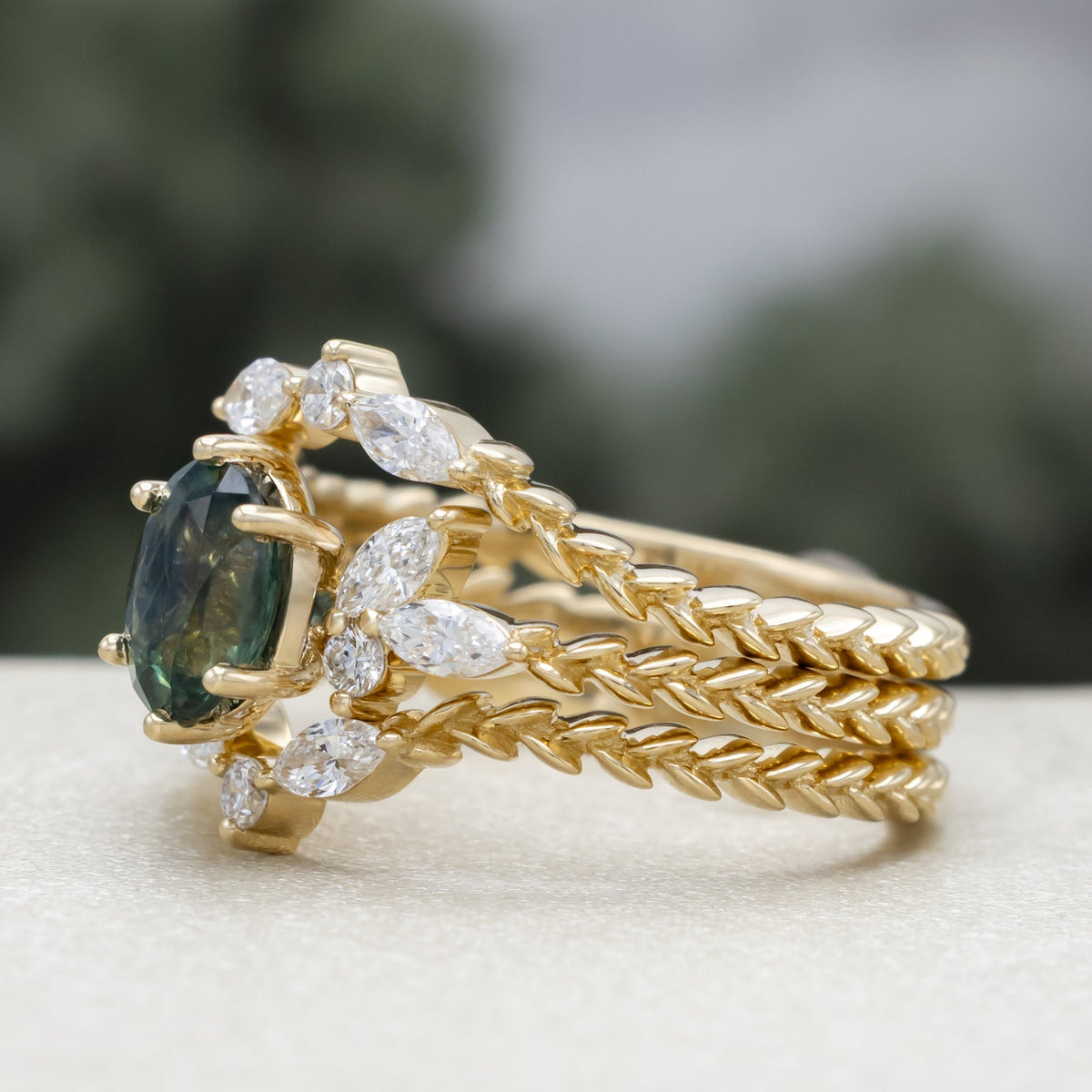 "Laurel" - Bridal Suite - Oval Cut Montana Sapphire Wedding Ring Set With Lab-Grown Diamond Accents & Tracer
