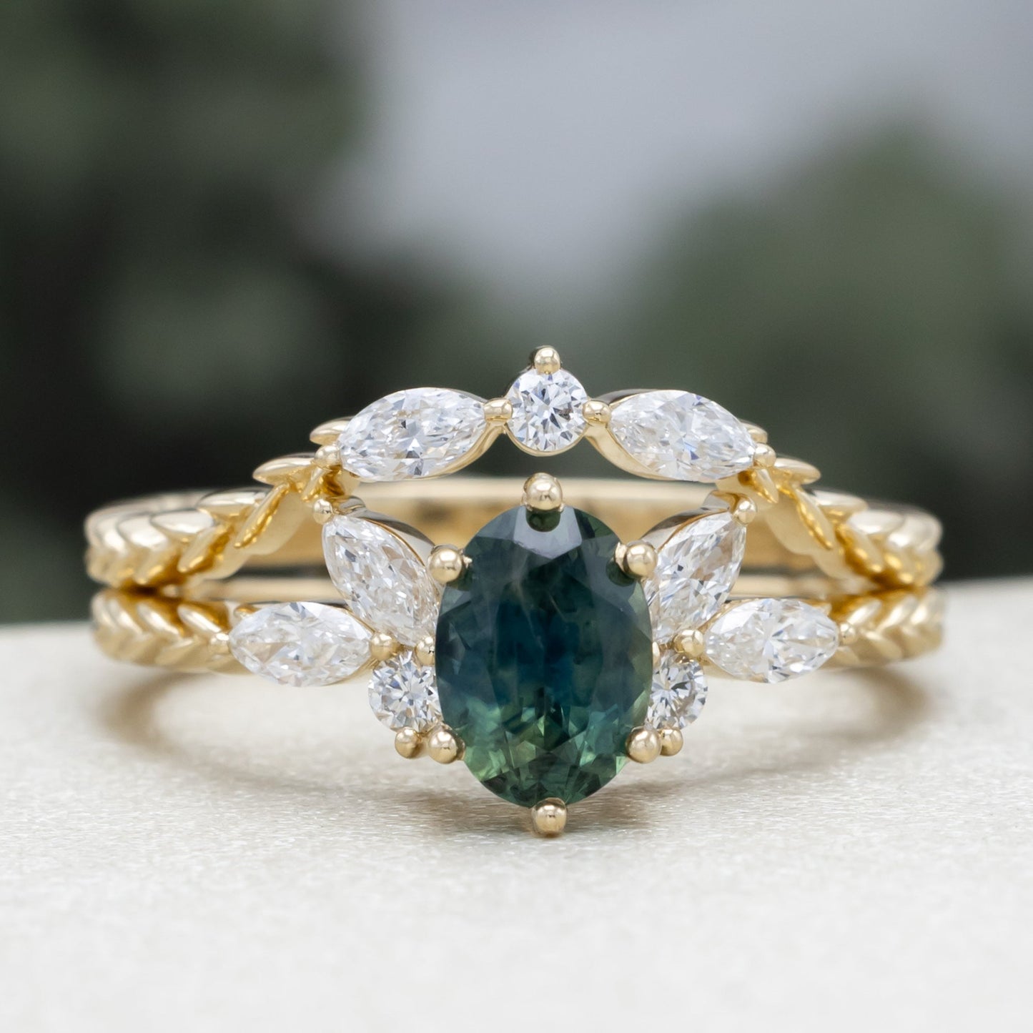 "Laurel" - Bridal Suite - Oval Cut Montana Sapphire Wedding Ring Set With Lab-Grown Diamond Accents & Tracer