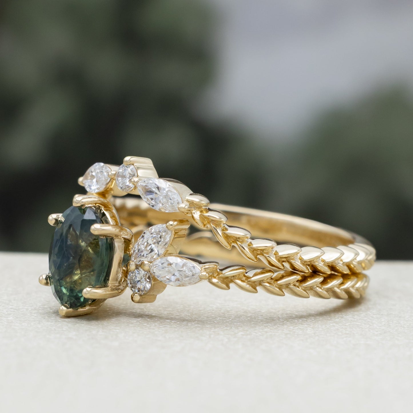 "Laurel" - Bridal Suite - Oval Cut Montana Sapphire Wedding Ring Set With Lab-Grown Diamond Accents & Tracer
