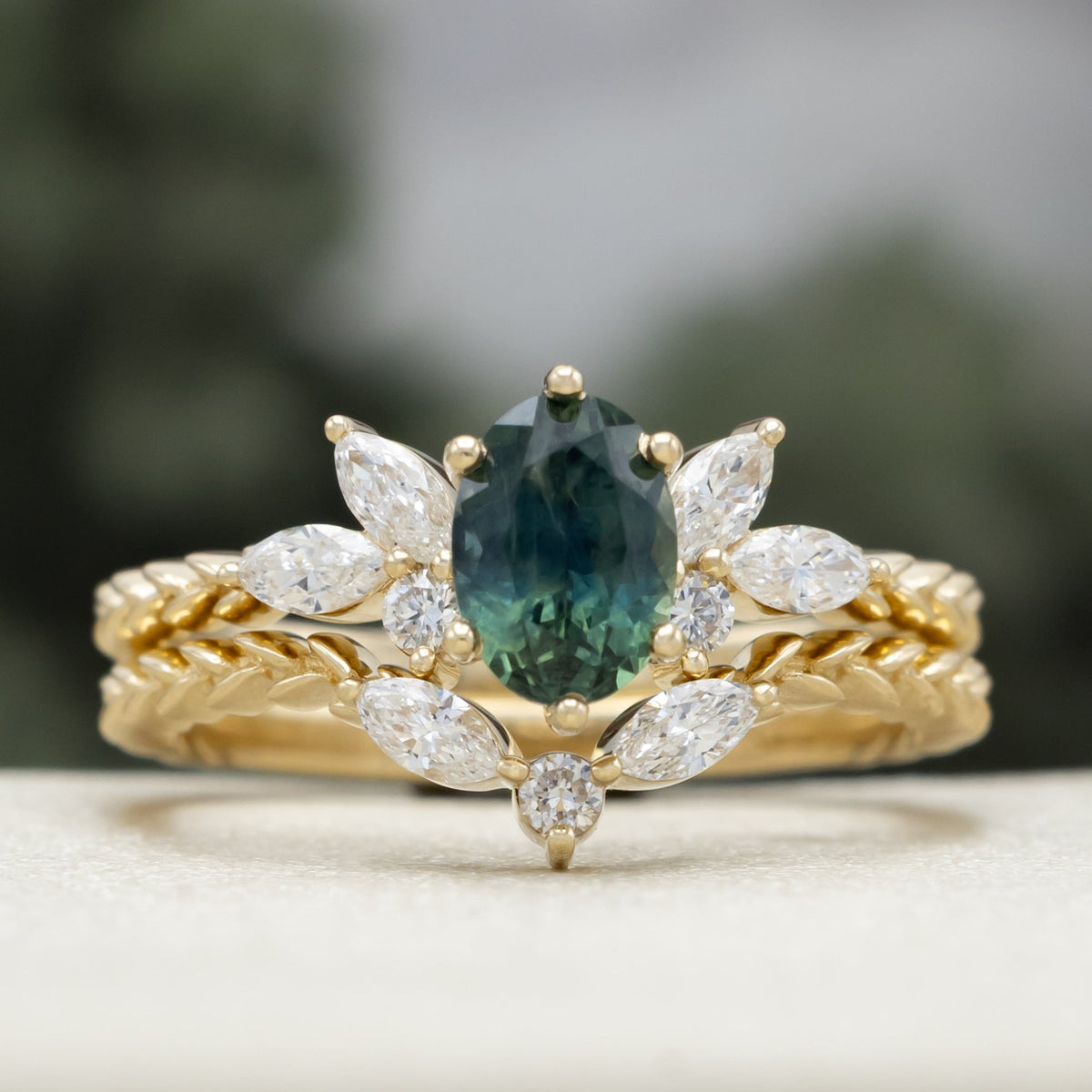 "Laurel" - Bridal Suite - Oval Cut Montana Sapphire Wedding Ring Set With Lab-Grown Diamond Accents & Tracer