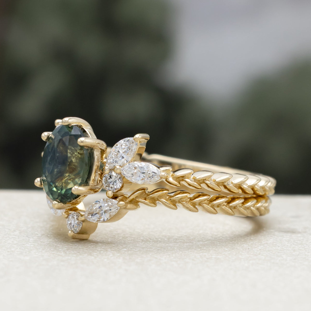 "Laurel" - Bridal Suite - Oval Cut Montana Sapphire Wedding Ring Set With Lab-Grown Diamond Accents & Tracer