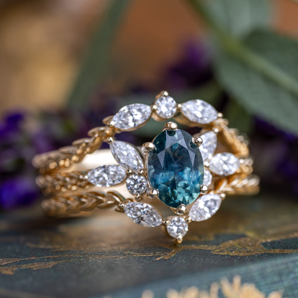 "Laurel" - Bridal Suite - Oval Cut Montana Sapphire Wedding Ring Set With Lab-Grown Diamond Accents & Tracer