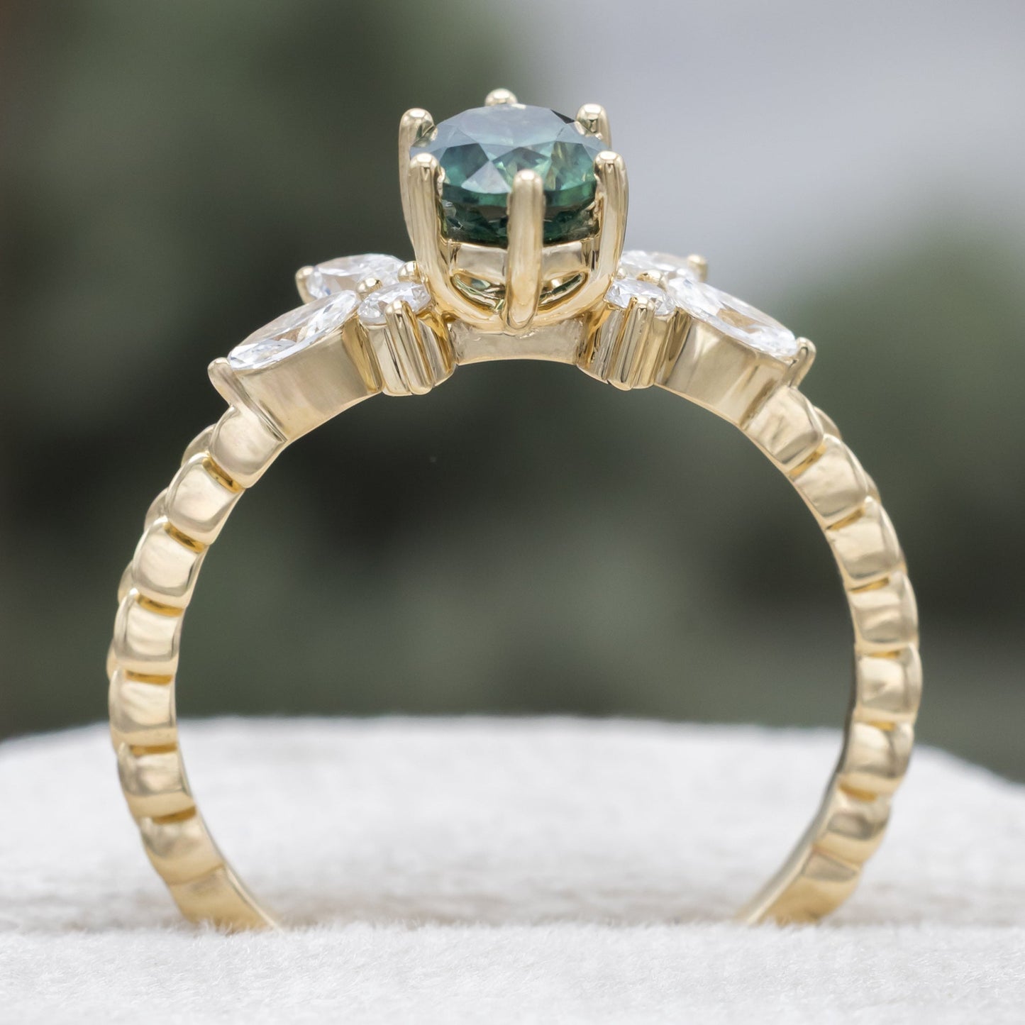 "Laurel" - Bridal Suite - Oval Cut Montana Sapphire Wedding Ring Set With Lab-Grown Diamond Accents & Tracer