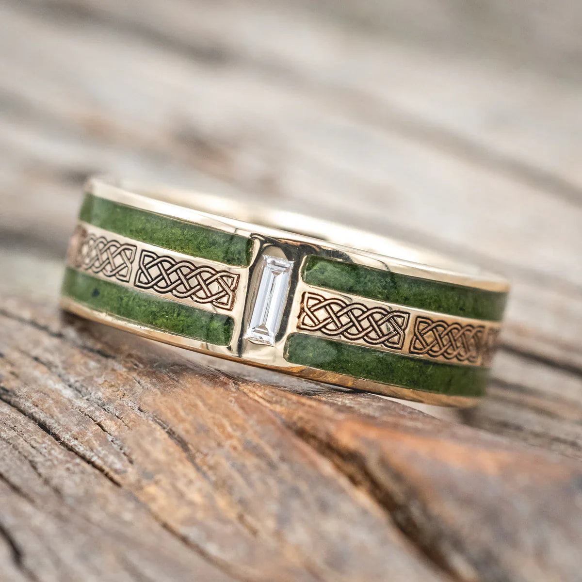 "Ryder" - Celtic Sailor's Knot Engraved Wedding Ring With Lab-Grown Diamond Accent & Moss Inlays - 14K Yellow Gold (8mm) - Size 13