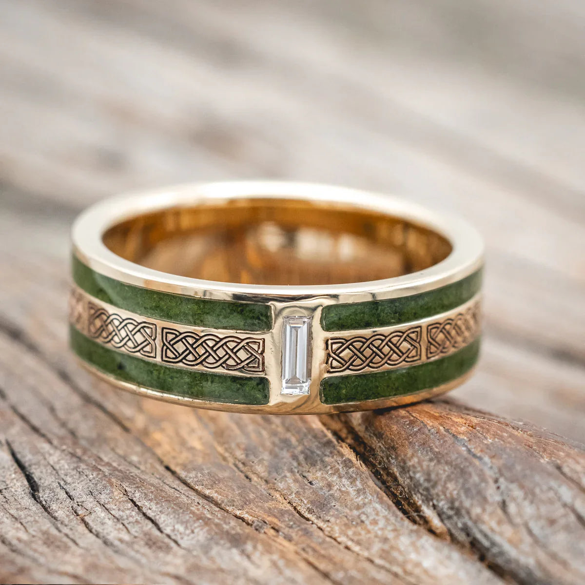 "Ryder" - Celtic Sailor's Knot Engraved Wedding Ring With Lab-Grown Diamond Accent & Moss Inlays - 14K Yellow Gold (8mm) - Size 13