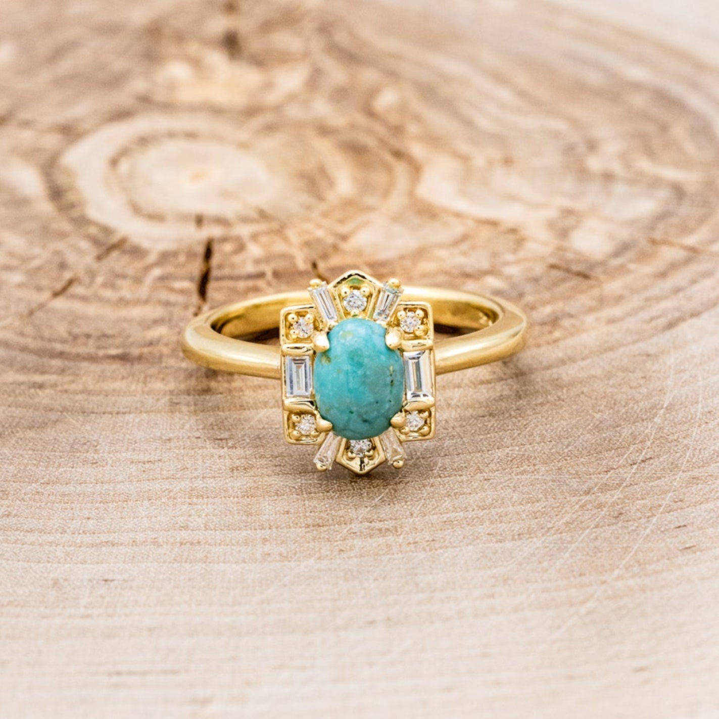 "Cleopatra" - Turquoise Engagement Ring With Diamond Accents & "Sama" Tracers