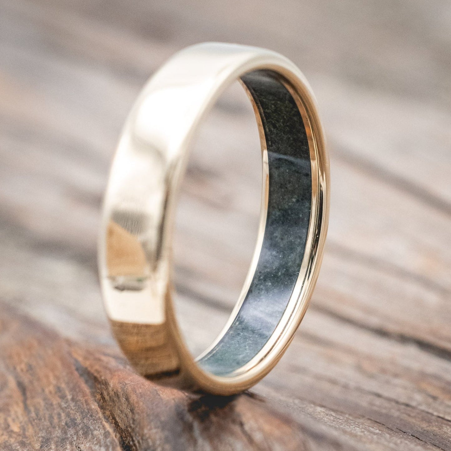 "Hyperion" - Crushed Moss Agate Lined Wedding Band With Custom Finish