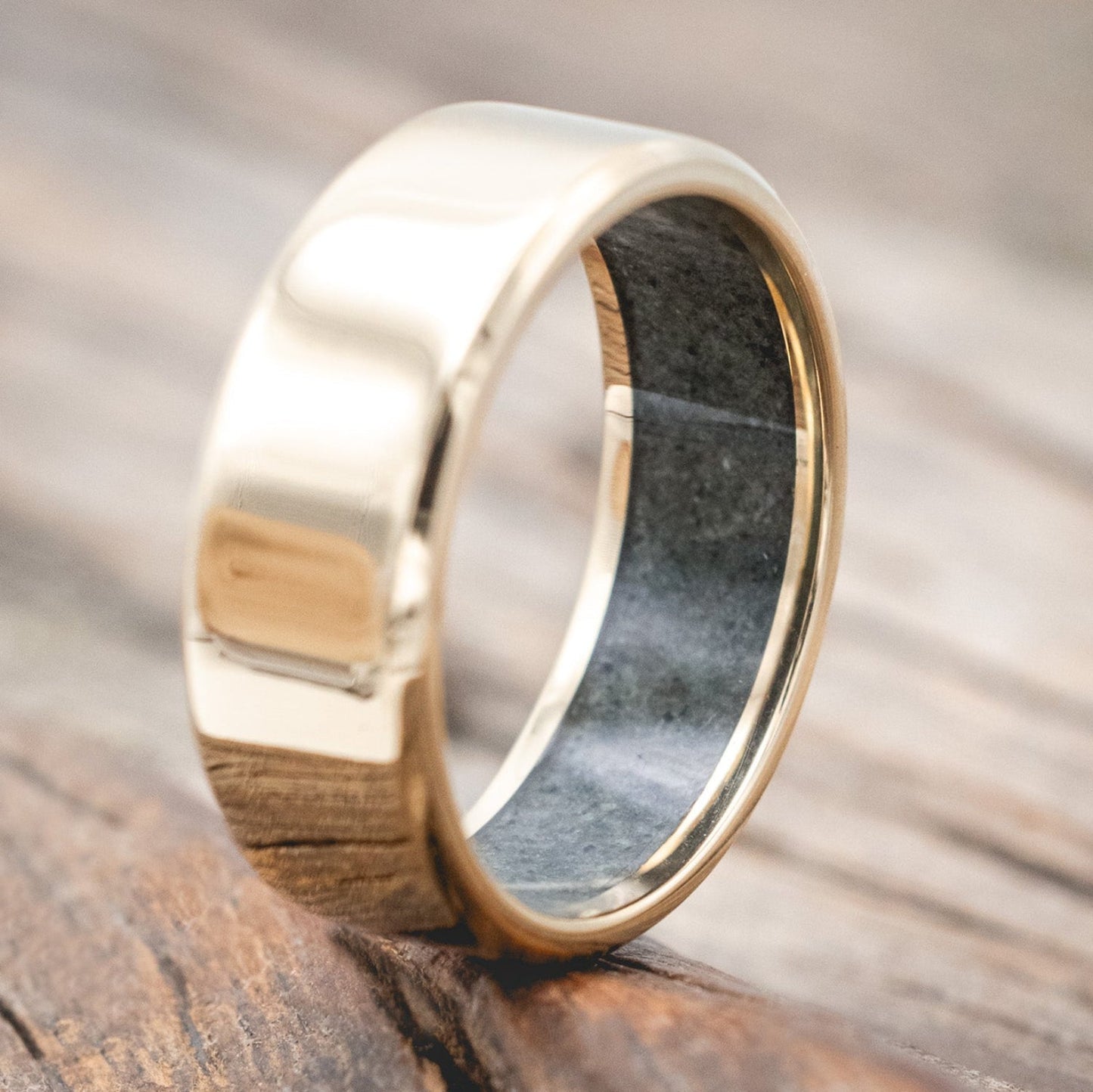 "Hyperion" - Crushed Moss Agate Lined Wedding Band With Custom Finish