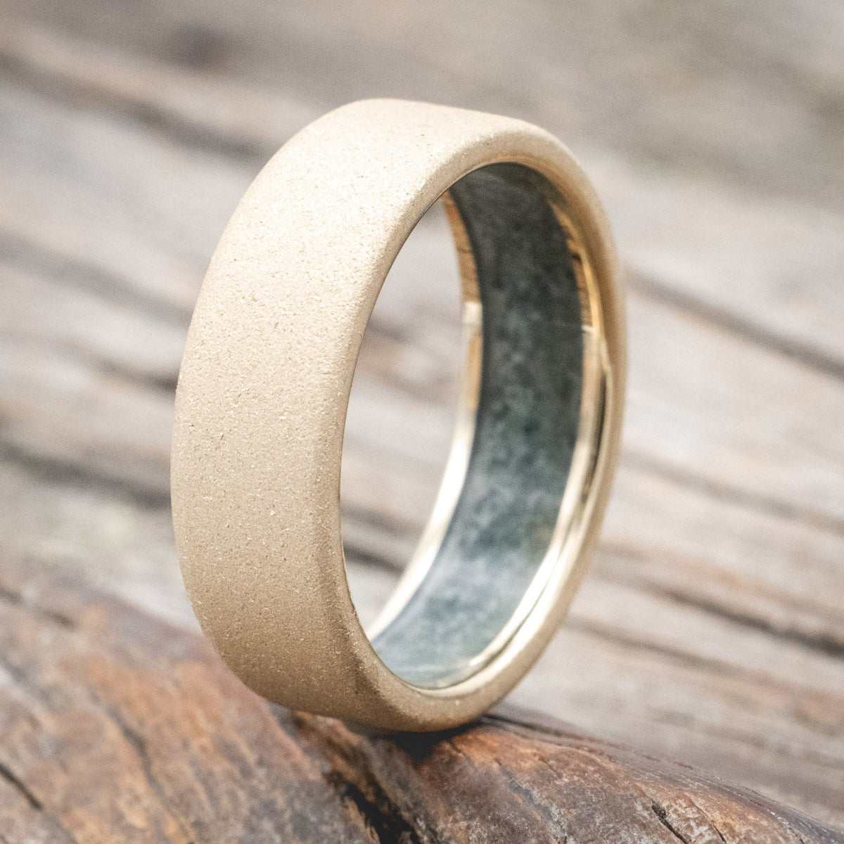 "Hyperion" - Crushed Moss Agate Lined Wedding Band With Custom Finish