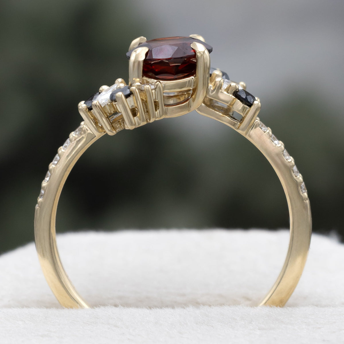 "Demeter" - Bridal Suite - Round Cut Garnet Engagement Ring With Black & White Diamond Accents & Two Diamond Tracers With Crescent Moon Accents