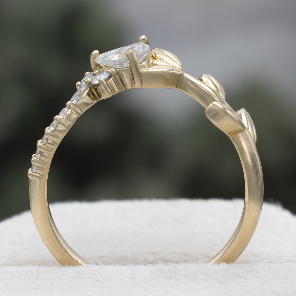 "Demeter" - Bridal Suite - Round Cut Garnet Engagement Ring With Black & White Diamond Accents & Two Diamond Tracers With Crescent Moon Accents