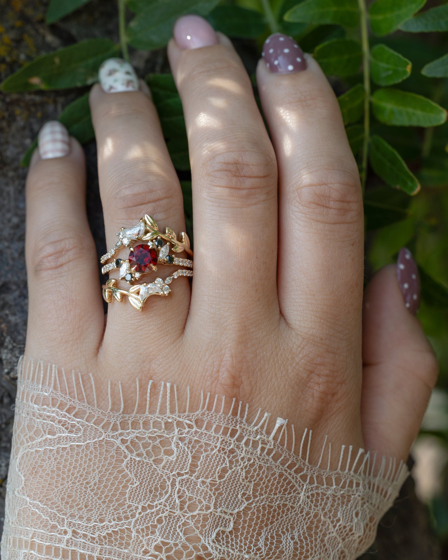 "Demeter" - Bridal Suite - Round Cut Garnet Engagement Ring With Black & White Diamond Accents & Two Diamond Tracers With Crescent Moon Accents