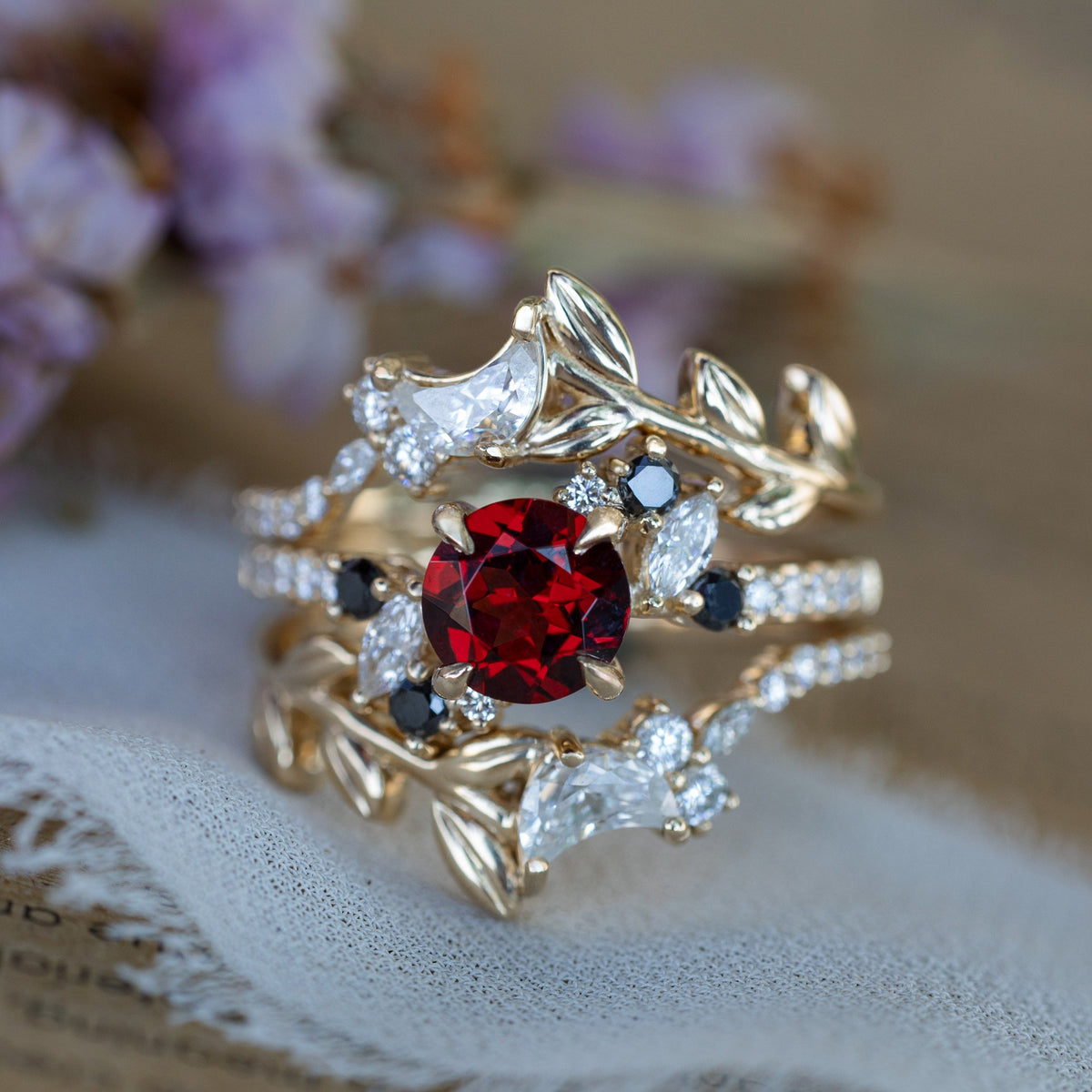 "Demeter" - Bridal Suite - Round Cut Garnet Engagement Ring With Black & White Diamond Accents & Two Diamond Tracers With Crescent Moon Accents