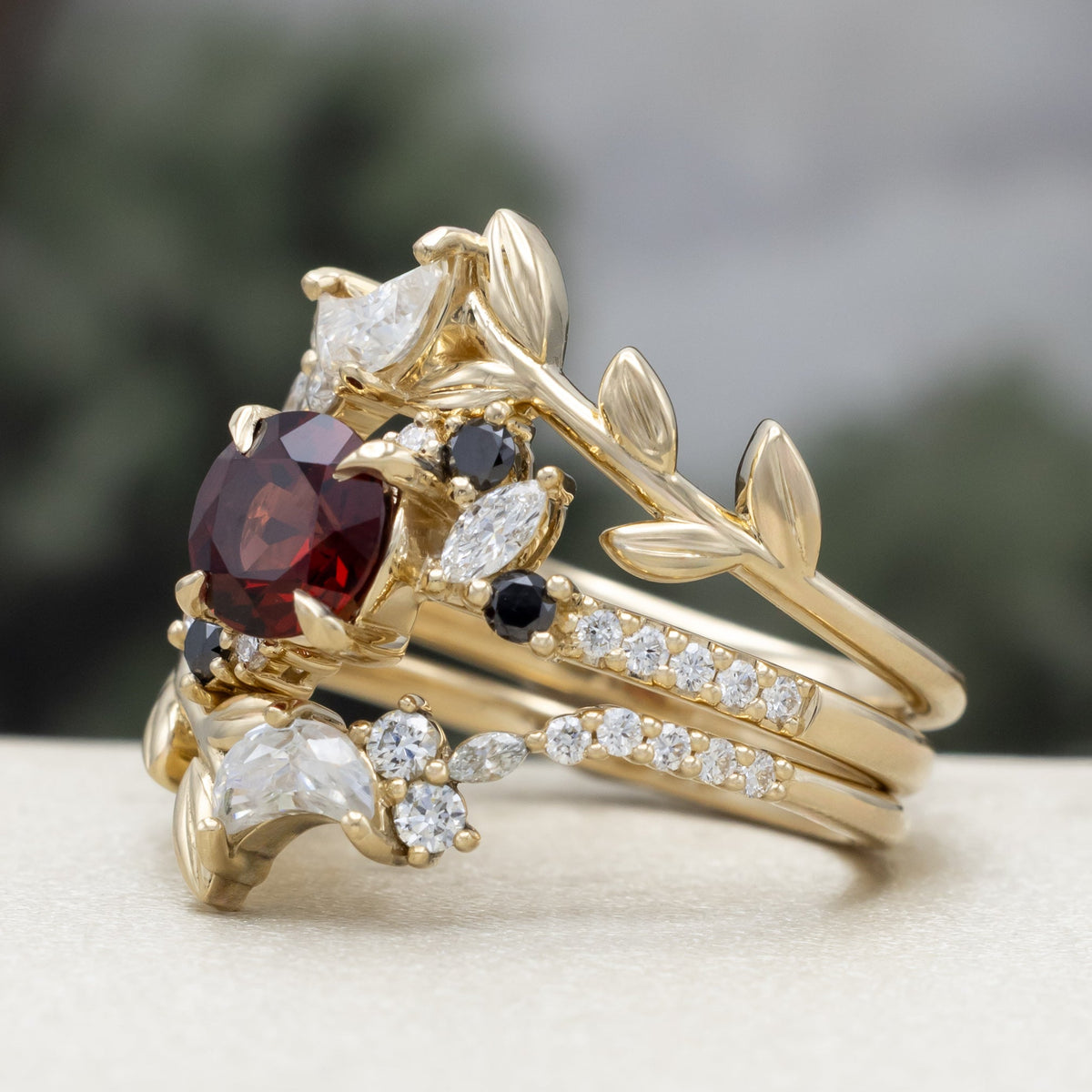"Demeter" - Bridal Suite - Round Cut Garnet Engagement Ring With Black & White Diamond Accents & Two Diamond Tracers With Crescent Moon Accents