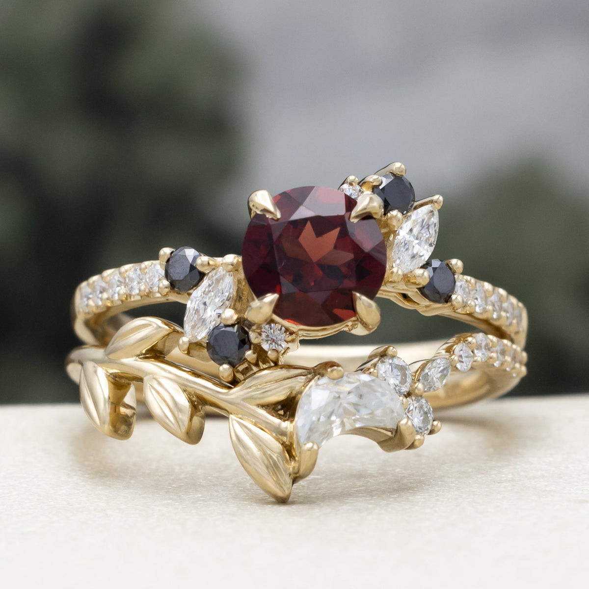 "Demeter" - Bridal Suite - Round Cut Garnet Engagement Ring With Black & White Diamond Accents & Two Diamond Tracers With Crescent Moon Accents