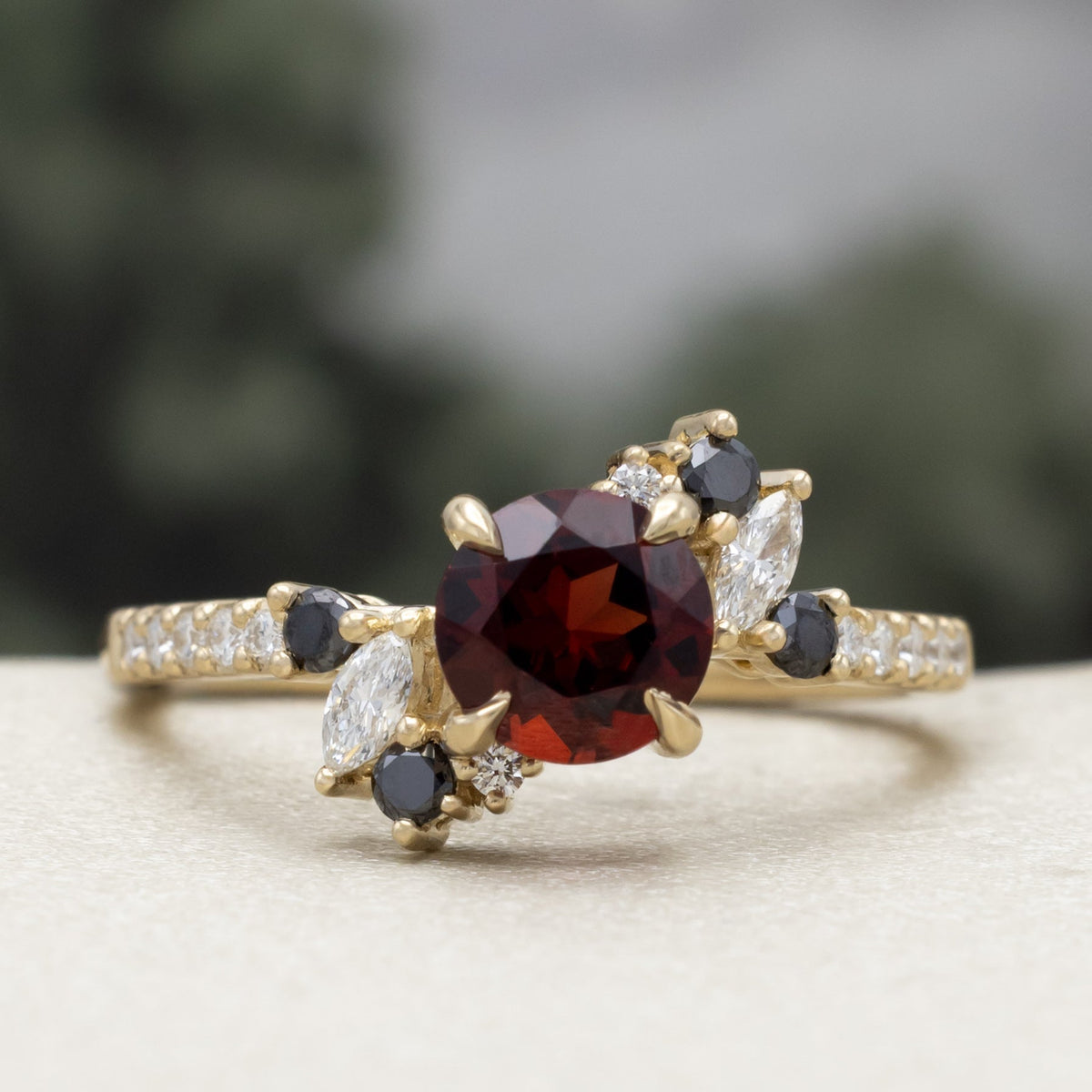 "Demeter" - Bridal Suite - Round Cut Garnet Engagement Ring With Black & White Diamond Accents & Two Diamond Tracers With Crescent Moon Accents