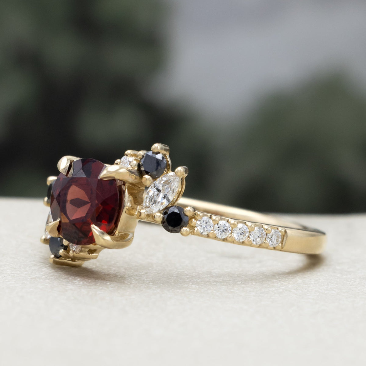 "Demeter" - Bridal Suite - Round Cut Garnet Engagement Ring With Black & White Diamond Accents & Two Diamond Tracers With Crescent Moon Accents