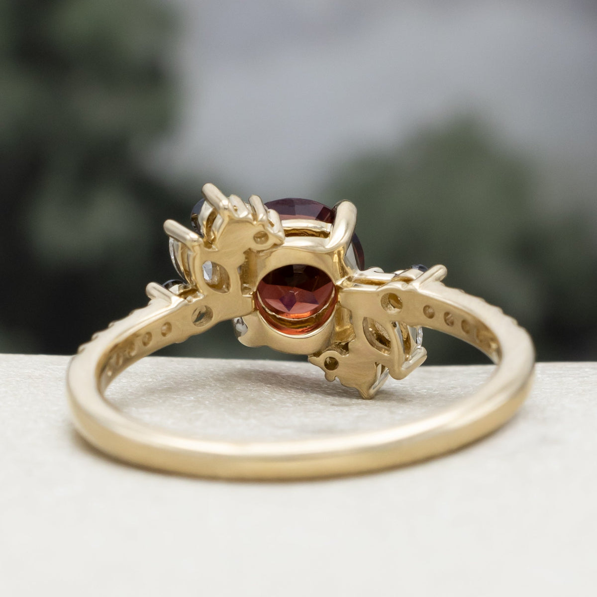 "Demeter" - Bridal Suite - Round Cut Garnet Engagement Ring With Black & White Diamond Accents & Two Diamond Tracers With Crescent Moon Accents