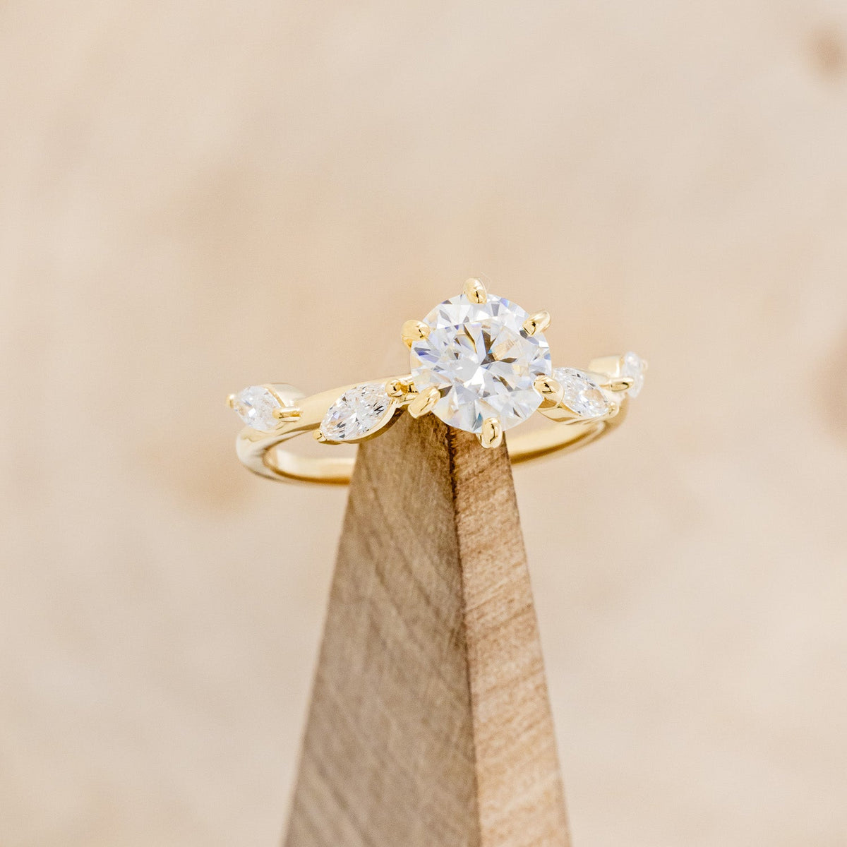 "Flora" - Round Cut Moissanite Engagement Ring With Marquise Cut Diamond Accents - 14K Yellow Gold - Size 4 1/2