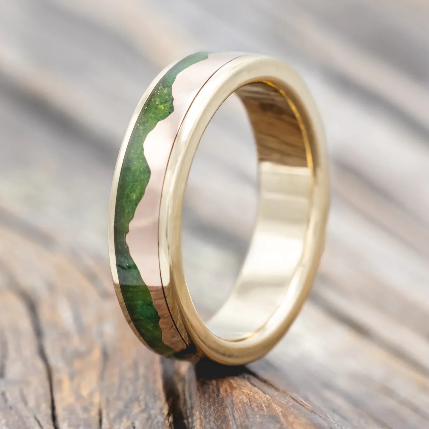 "Helios" - Moss & 14K Rose Gold Mountain Range Wedding Band - 14K Yellow Gold (6mm) - Size 9