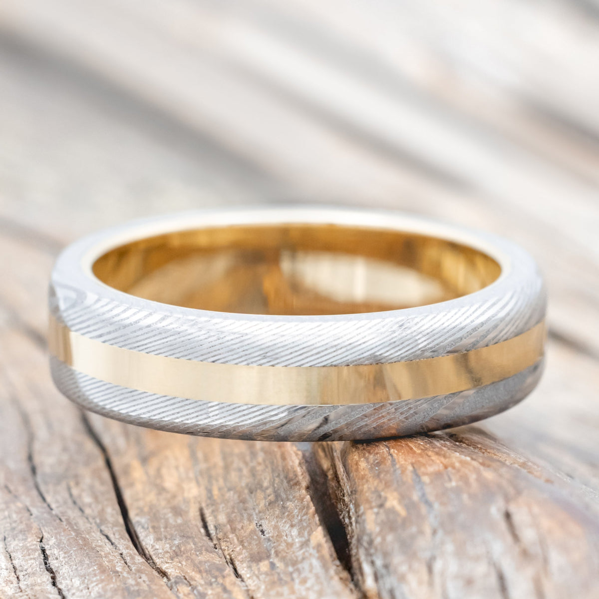 "Nirvana" - Etched Damascus Steel & 14K Gold Inlay Wedding Band - 14K Yellow Gold (6mm) - Size 10 1/2