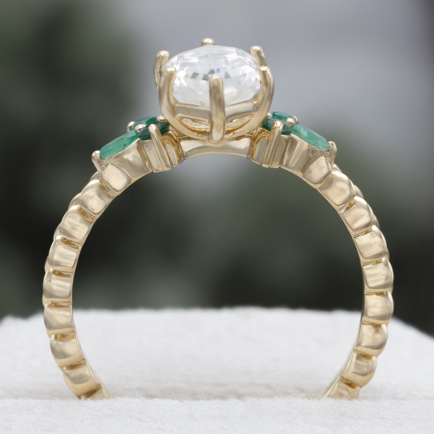 "Laurel" - Elongated Hexagon Moissanite Engagement Ring With Emerald Accents & Wedding Tracer