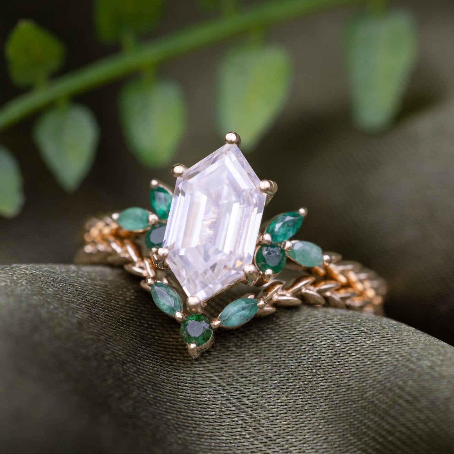 "Laurel" - Elongated Hexagon Moissanite Engagement Ring With Emerald Accents & Wedding Tracer