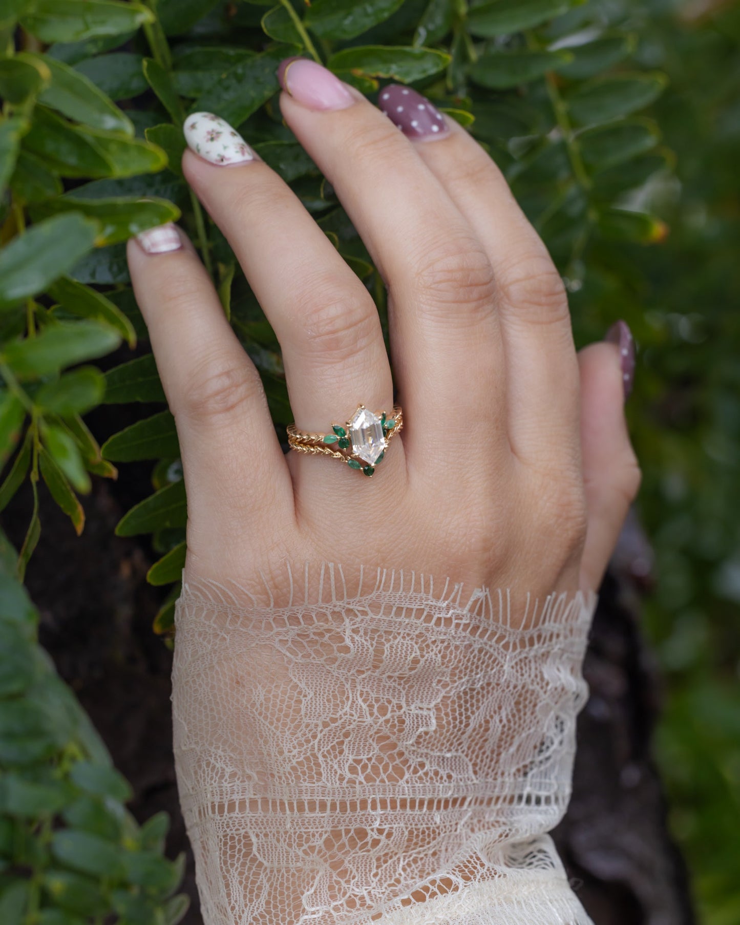 "Laurel" - Elongated Hexagon Moissanite Engagement Ring With Emerald Accents & Wedding Tracer