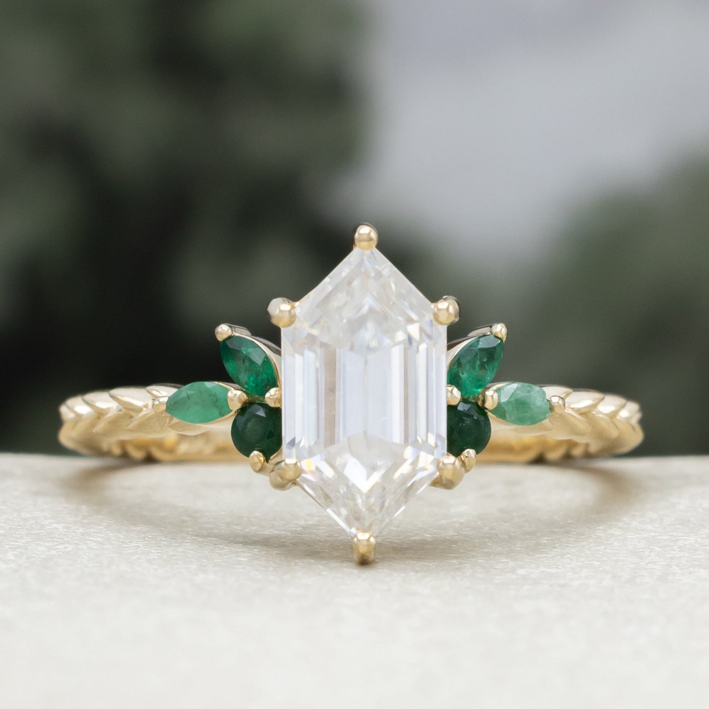 "Laurel" - Elongated Hexagon Moissanite Engagement Ring With Emerald Accents & Wedding Tracer