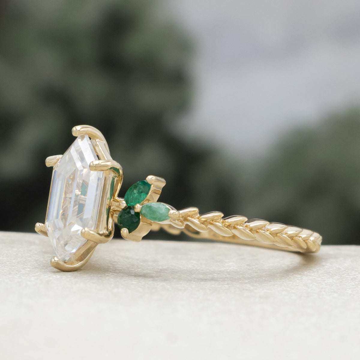 "Laurel" - Elongated Hexagon Moissanite Engagement Ring With Emerald Accents & Wedding Tracer