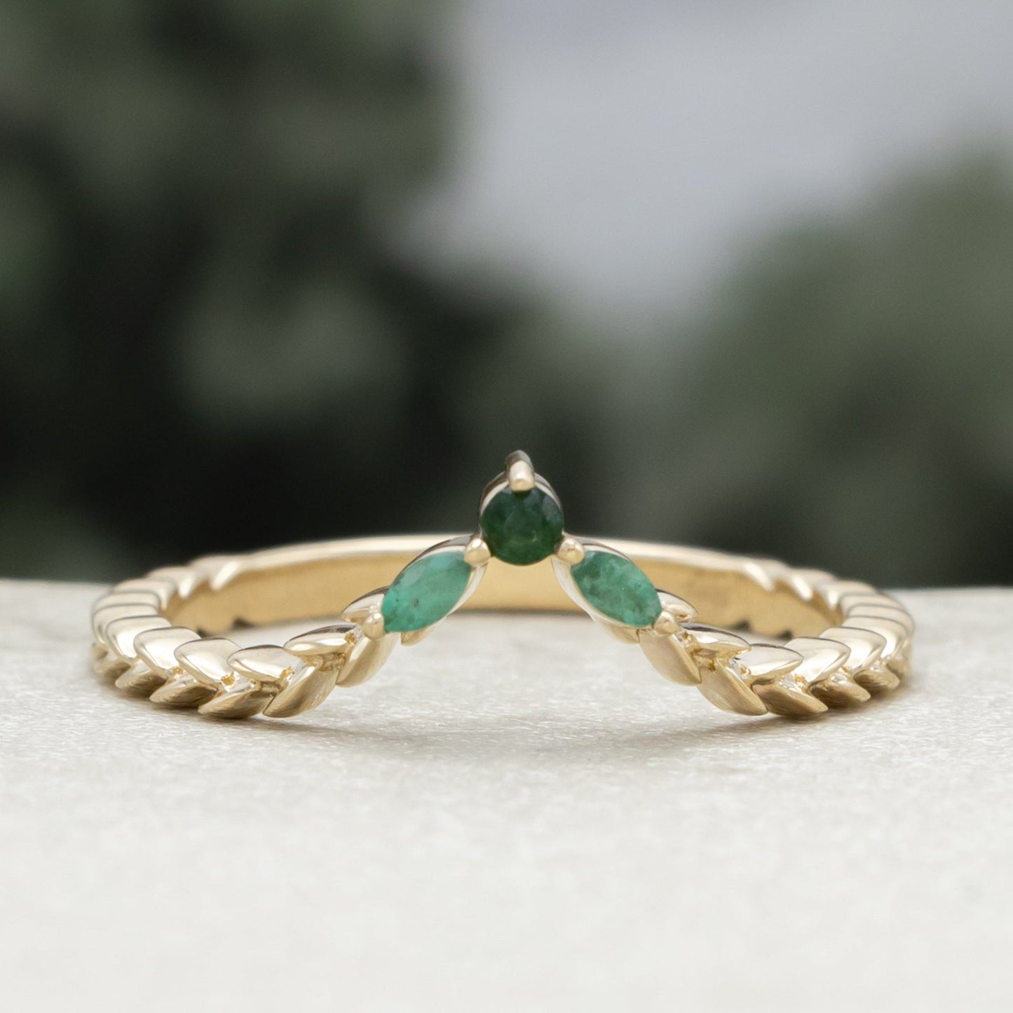 "Laurel" - Elongated Hexagon Moissanite Engagement Ring With Emerald Accents & Wedding Tracer