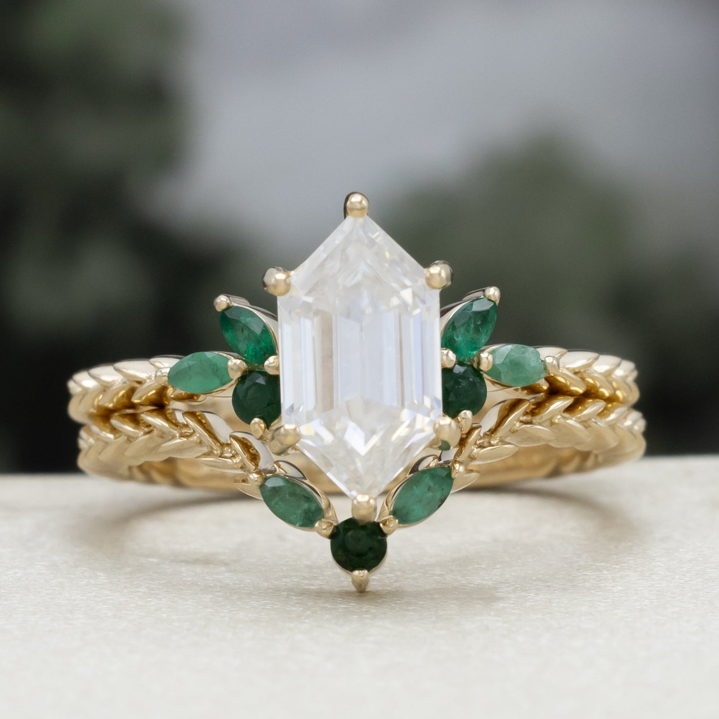 "Laurel" - Elongated Hexagon Moissanite Engagement Ring With Emerald Accents & Wedding Tracer