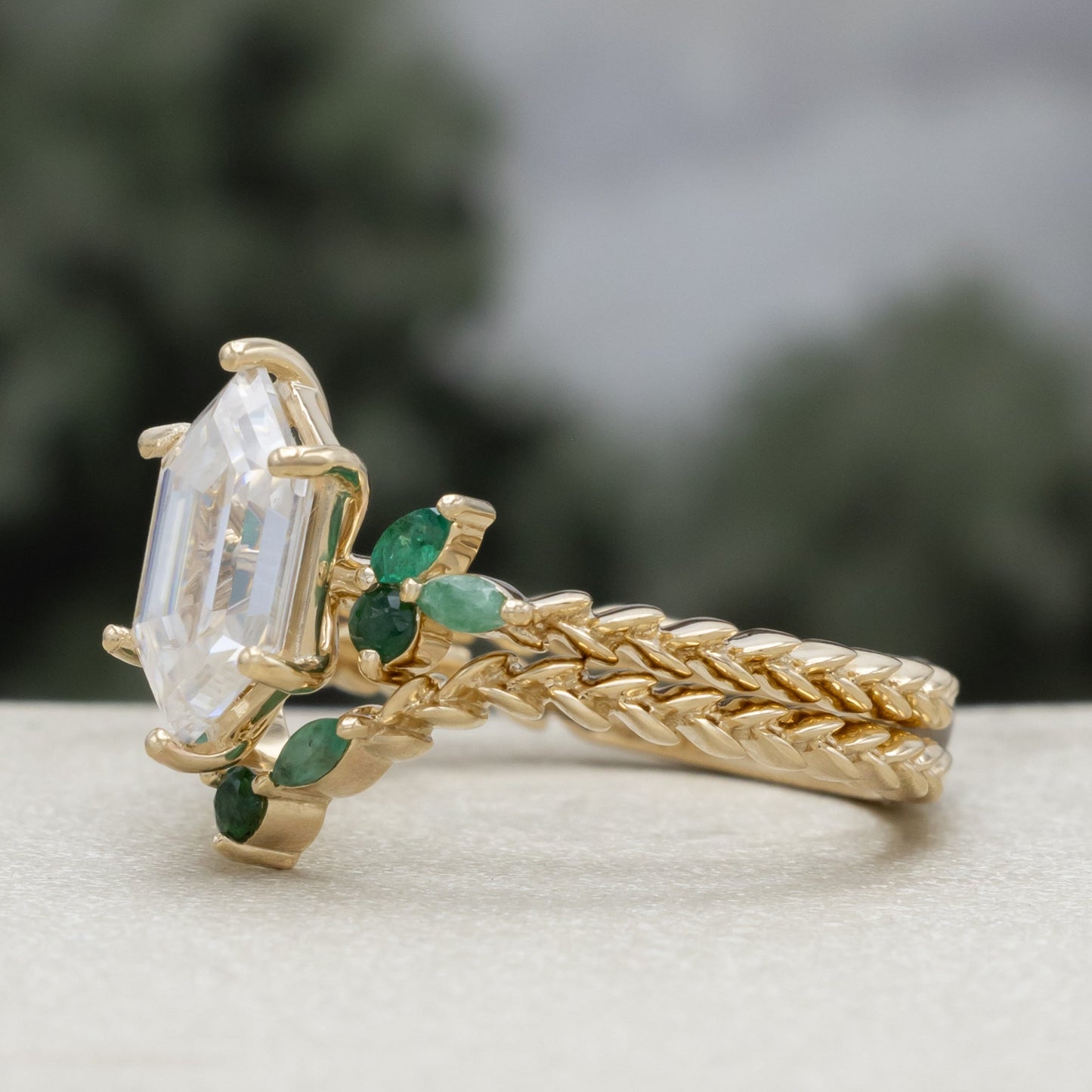 "Laurel" - Elongated Hexagon Moissanite Engagement Ring With Emerald Accents & Wedding Tracer