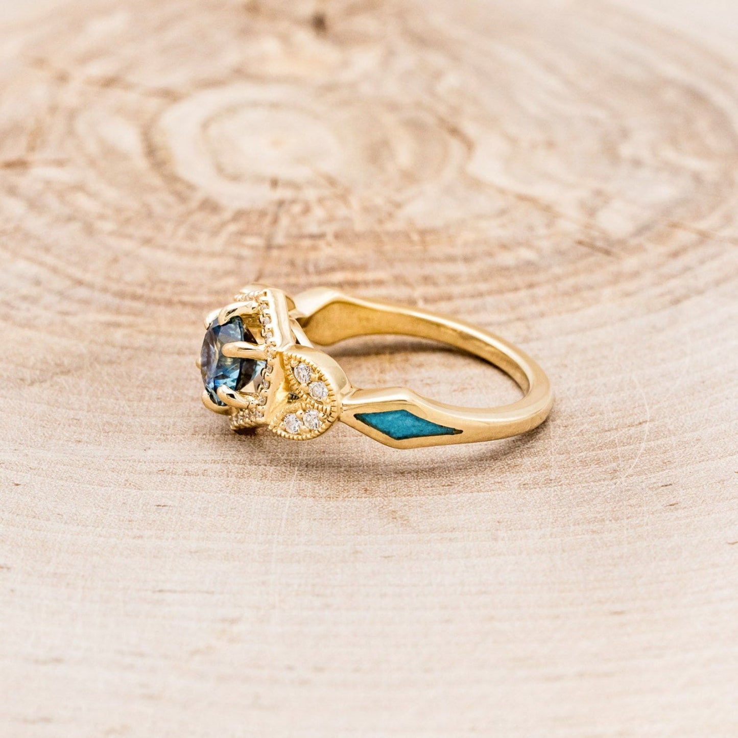 "Lucy In The Sky" Petite - Round Cut Montana Sapphire Engagement Ring With Diamond Accents & Turquoise Inlays