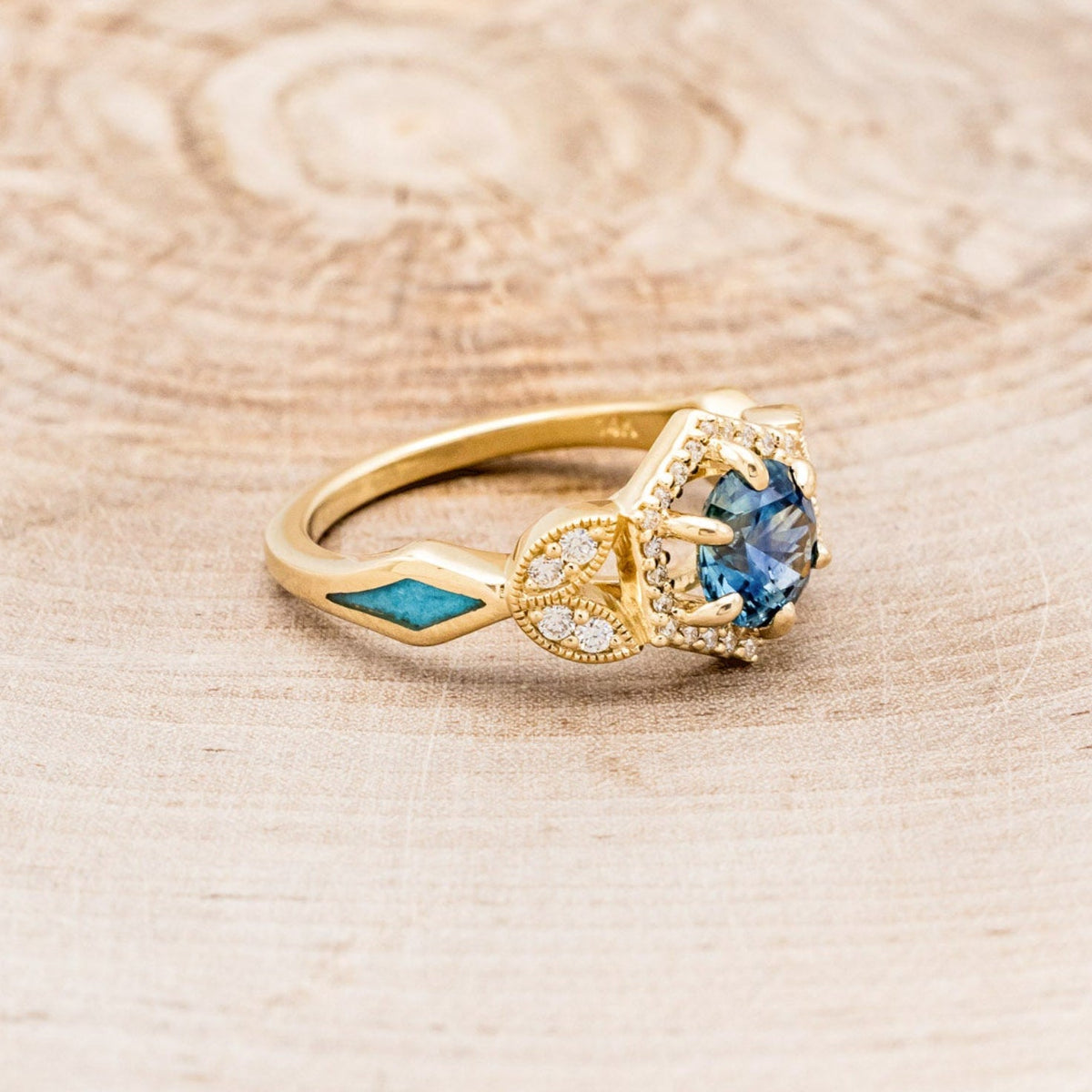"Lucy In The Sky" Petite - Round Cut Montana Sapphire Engagement Ring With Diamond Accents & Turquoise Inlays