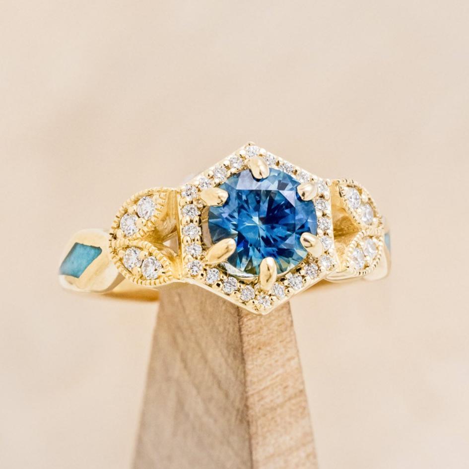 "Lucy In The Sky" Petite - Round Cut Montana Sapphire Engagement Ring With Diamond Accents & Turquoise Inlays