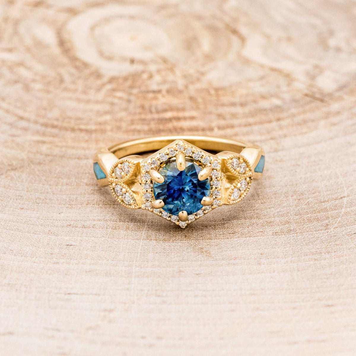 "Lucy In The Sky" Petite - Round Cut Montana Sapphire Engagement Ring With Diamond Accents & Turquoise Inlays