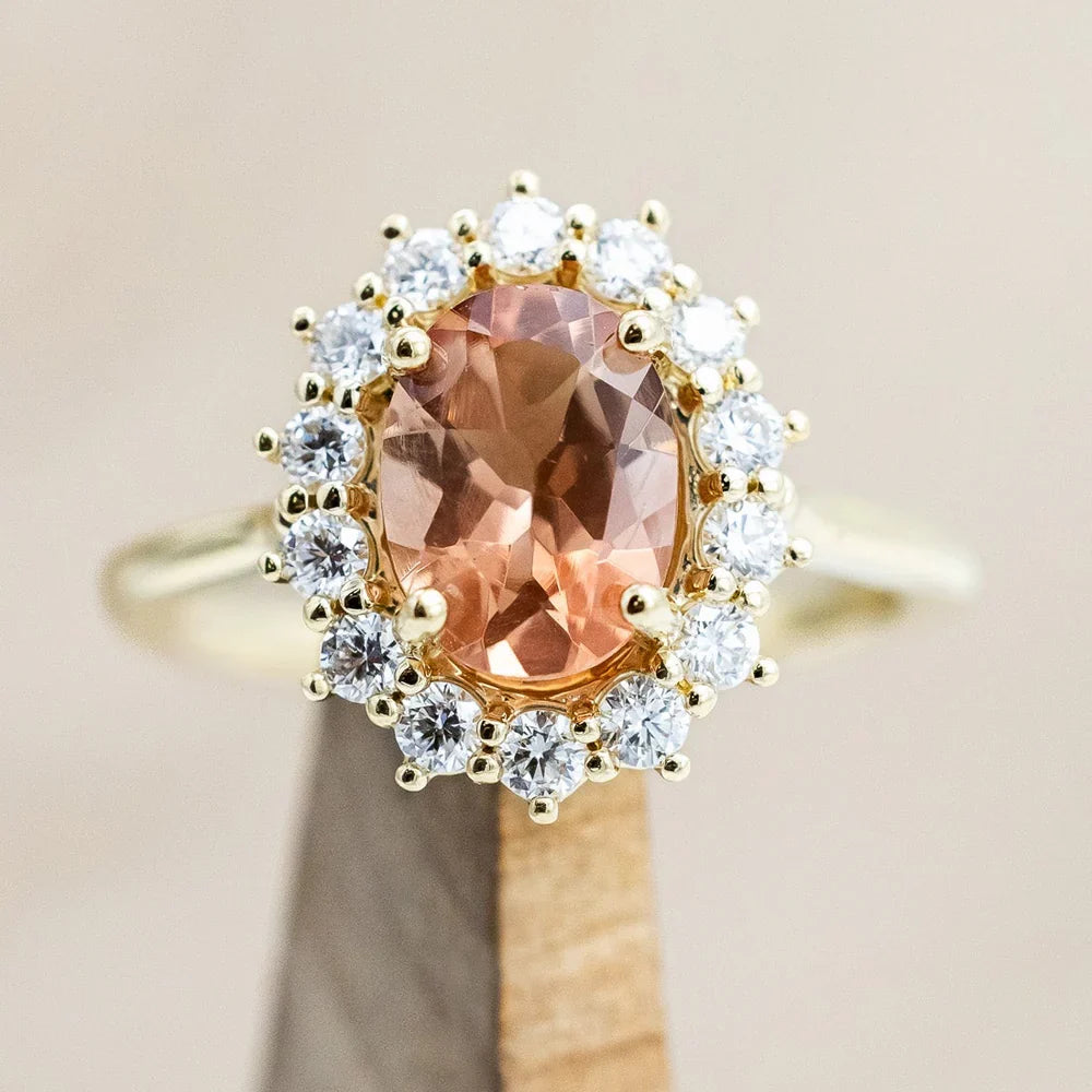 "Malina" - Oval Cut Oregon Sunstone Engagement Ring With Diamond Halo - 14K Yellow Gold - Size 6