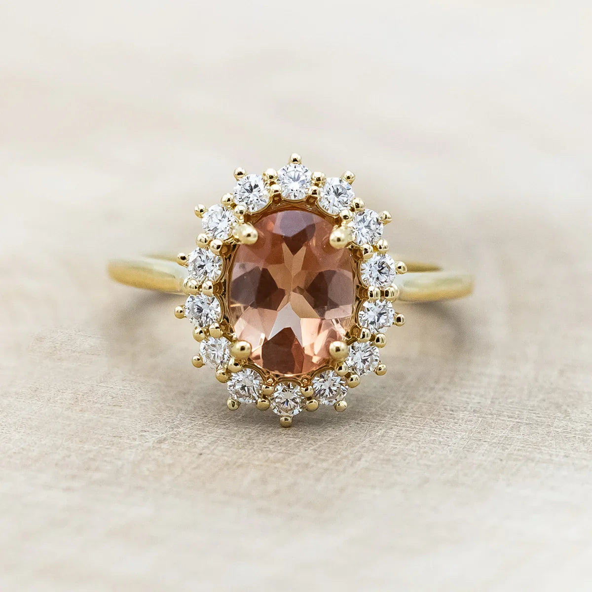 "Malina" - Oval Cut Oregon Sunstone Engagement Ring With Diamond Halo - 14K Yellow Gold - Size 6