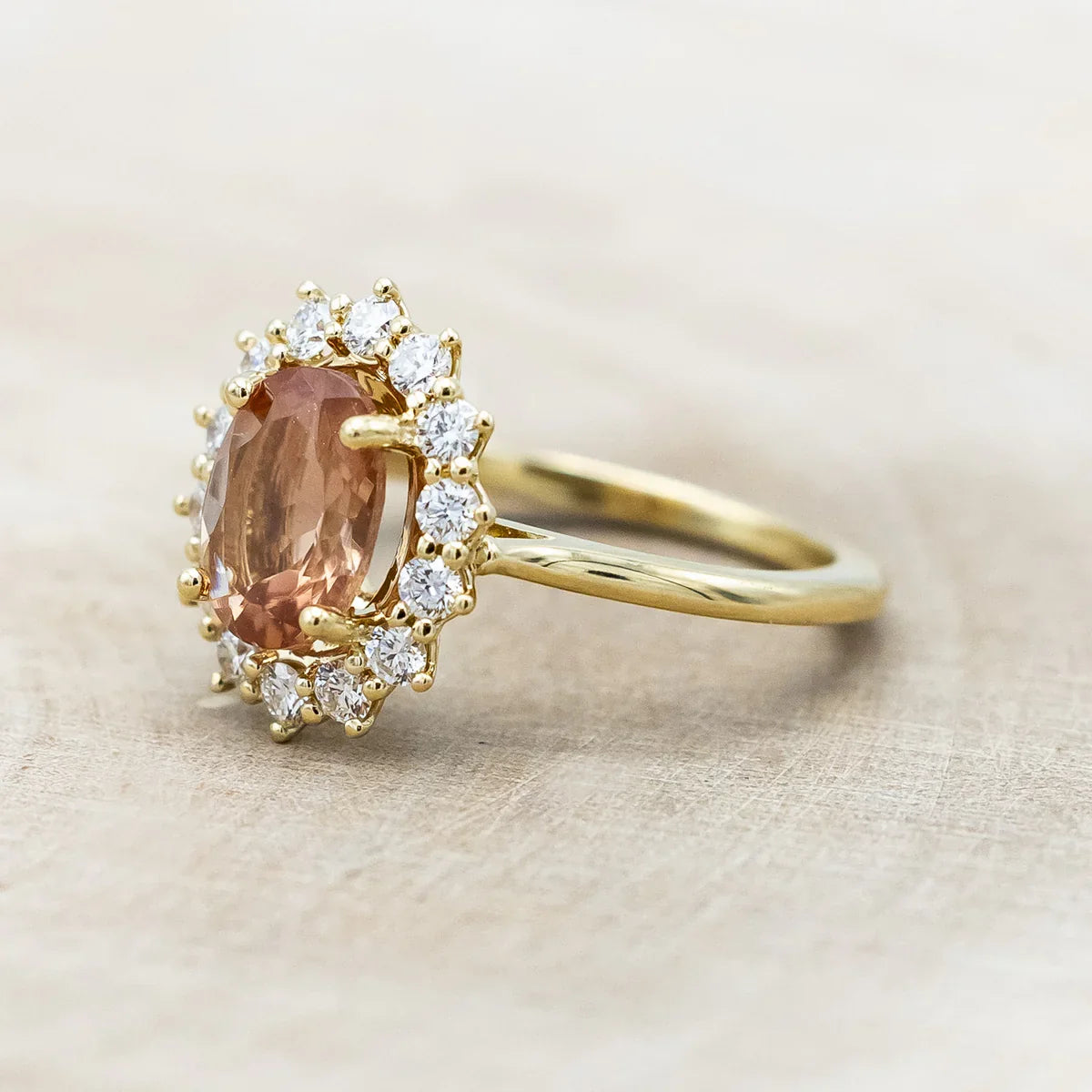 "Malina" - Oval Cut Oregon Sunstone Engagement Ring With Diamond Halo - 14K Yellow Gold - Size 6