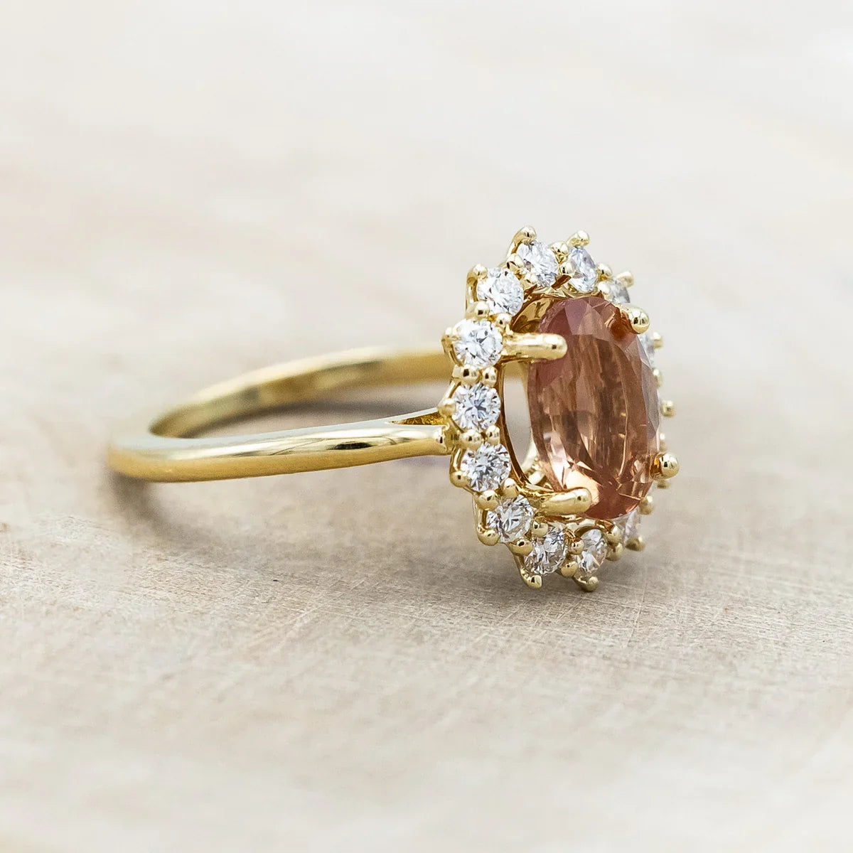 "Malina" - Oval Cut Oregon Sunstone Engagement Ring With Diamond Halo - 14K Yellow Gold - Size 6