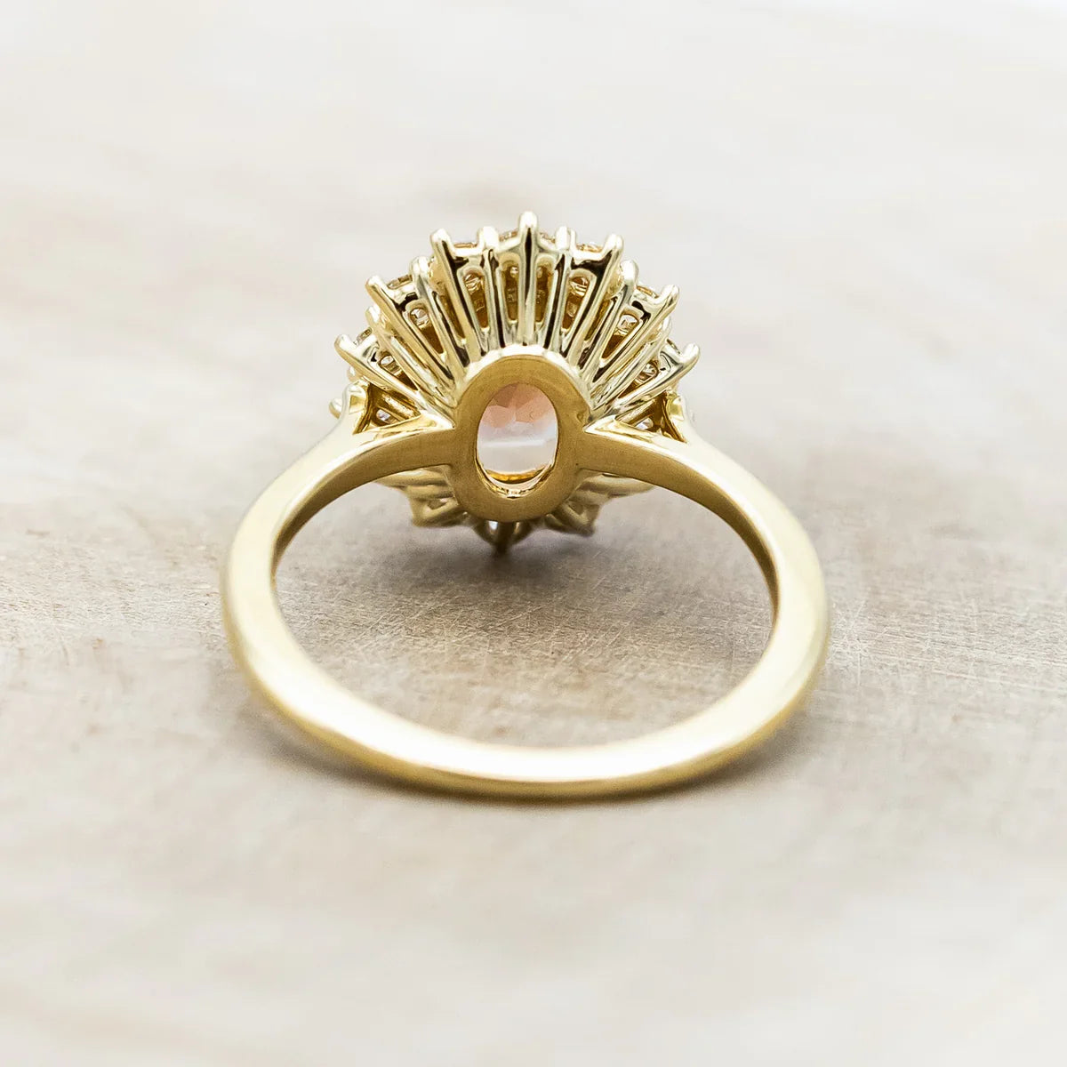 "Malina" - Oval Cut Oregon Sunstone Engagement Ring With Diamond Halo - 14K Yellow Gold - Size 6
