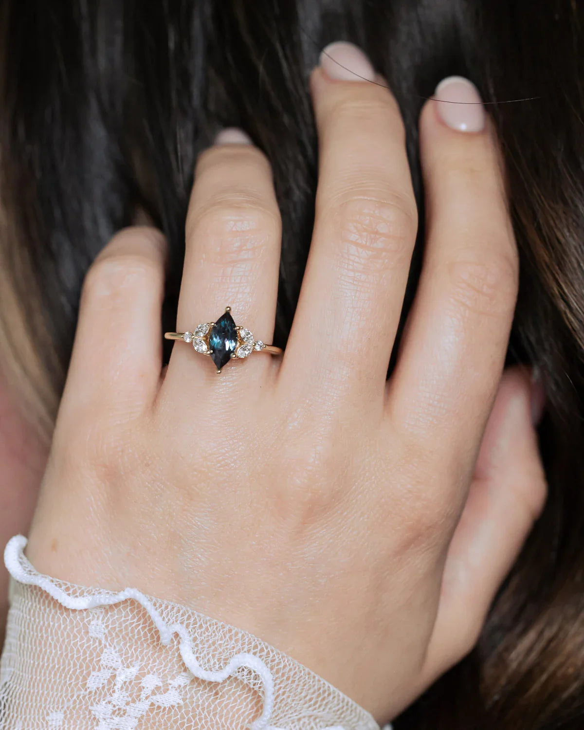"Blossom" - Marquise Cut Lab-Grown Alexandrite Engagement Ring With Diamond Accents - 14K Yellow Gold - Size 7 1/4