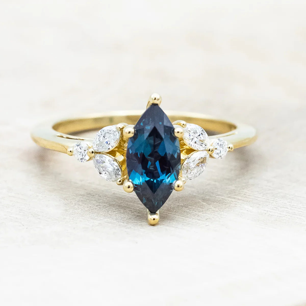 "Blossom" - Marquise Cut Lab-Grown Alexandrite Engagement Ring With Diamond Accents - 14K Yellow Gold - Size 7 1/4