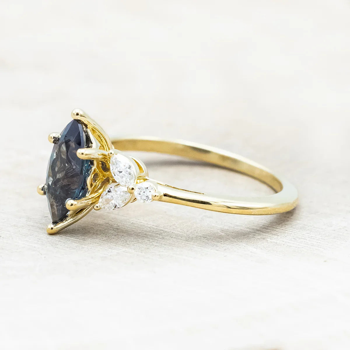 "Blossom" - Marquise Cut Lab-Grown Alexandrite Engagement Ring With Diamond Accents - 14K Yellow Gold - Size 7 1/4