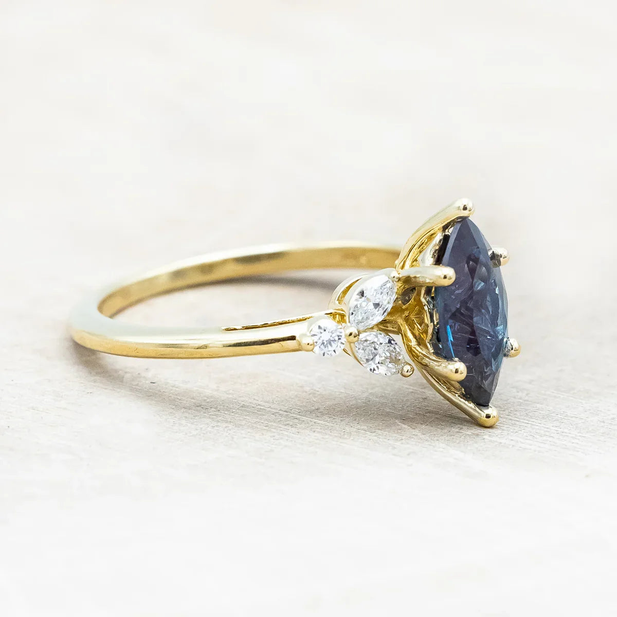"Blossom" - Marquise Cut Lab-Grown Alexandrite Engagement Ring With Diamond Accents - 14K Yellow Gold - Size 7 1/4