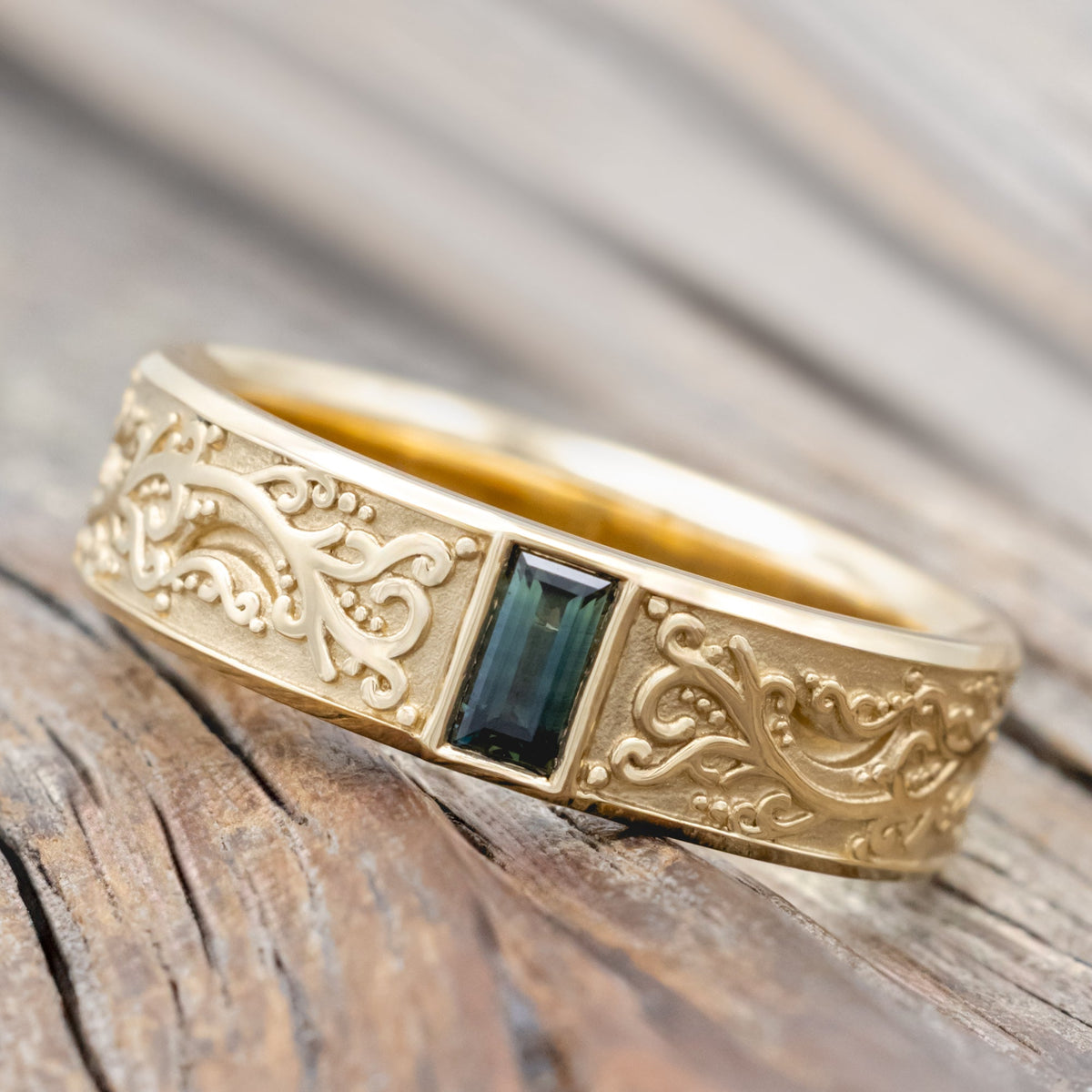 "Selene" Masculine Band - Baguette Cut Australian Sapphire Engagement Ring With Vine-Style Filigree